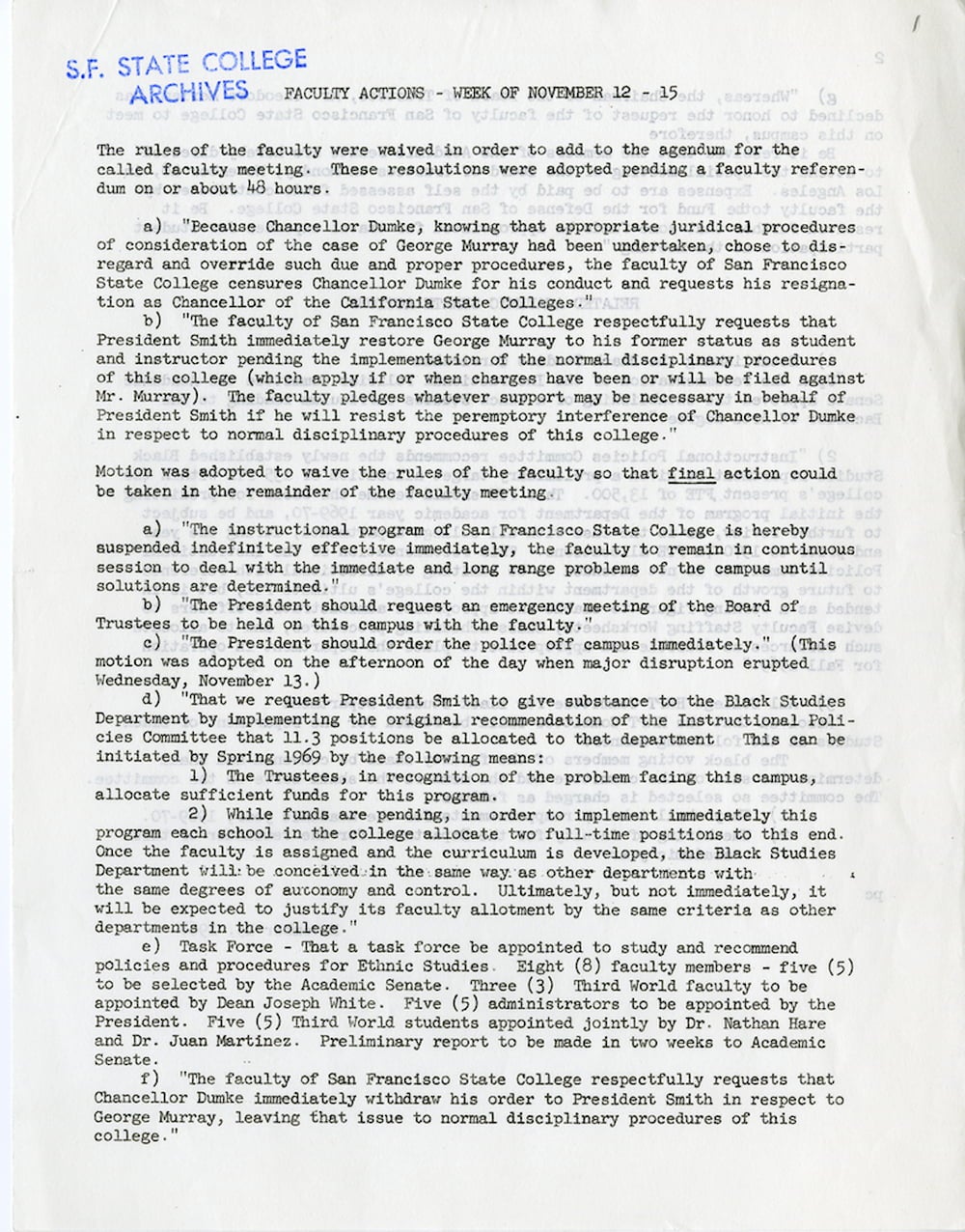 A typed response from the faculty supports George Murray.