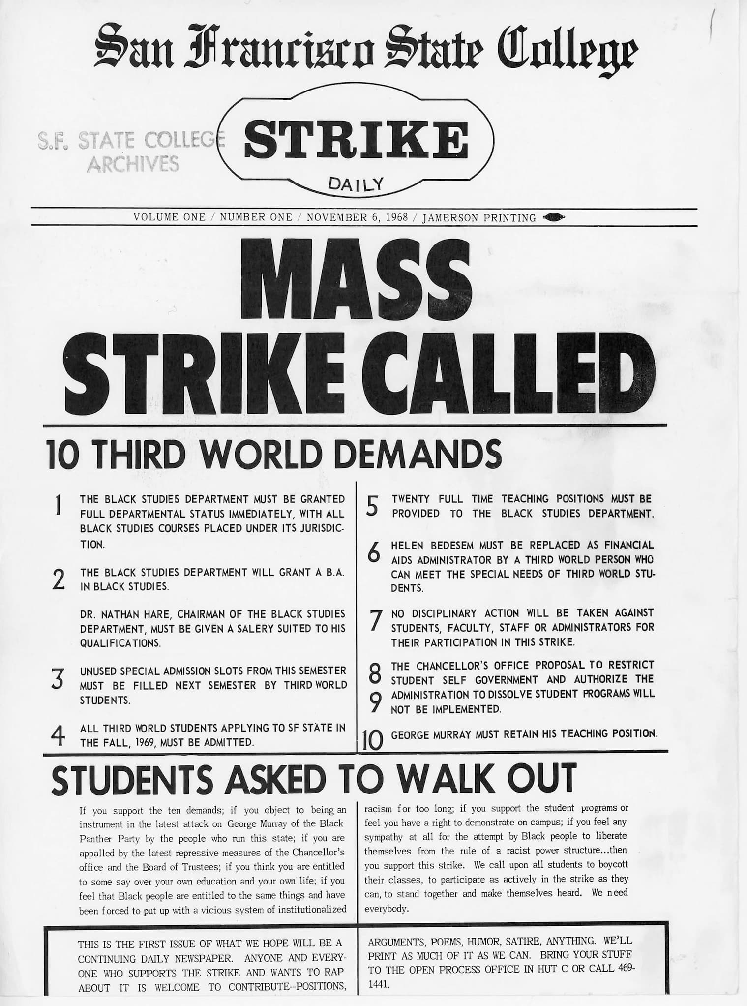 All caps, bold headline showing Mass Strike Called. The subheadings are 10 Third World Demands and Students Asked to Walk Out.