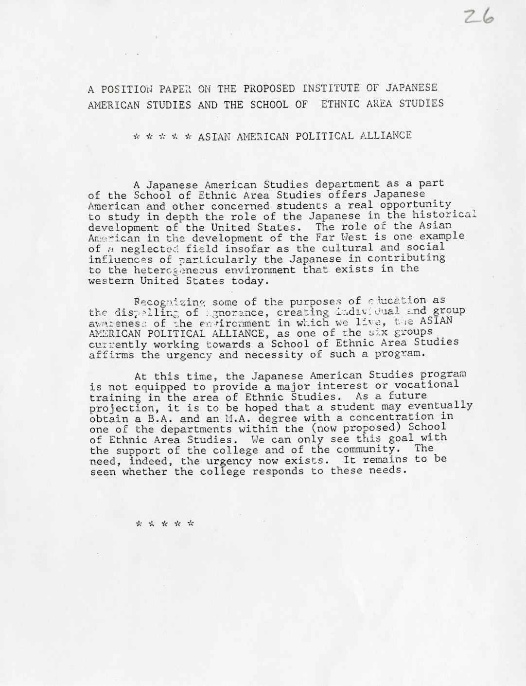 Asian American Political Alliance promotes the inclusion of Japanese American Studies within the School of Ethnic Area Studies.
