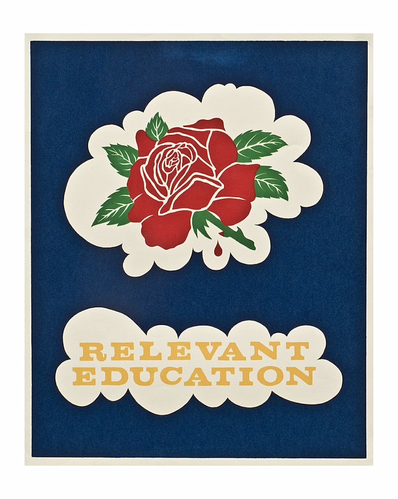 A rose and the slogan Relevant Education set in cream colored, bubbled borders on a blue background.