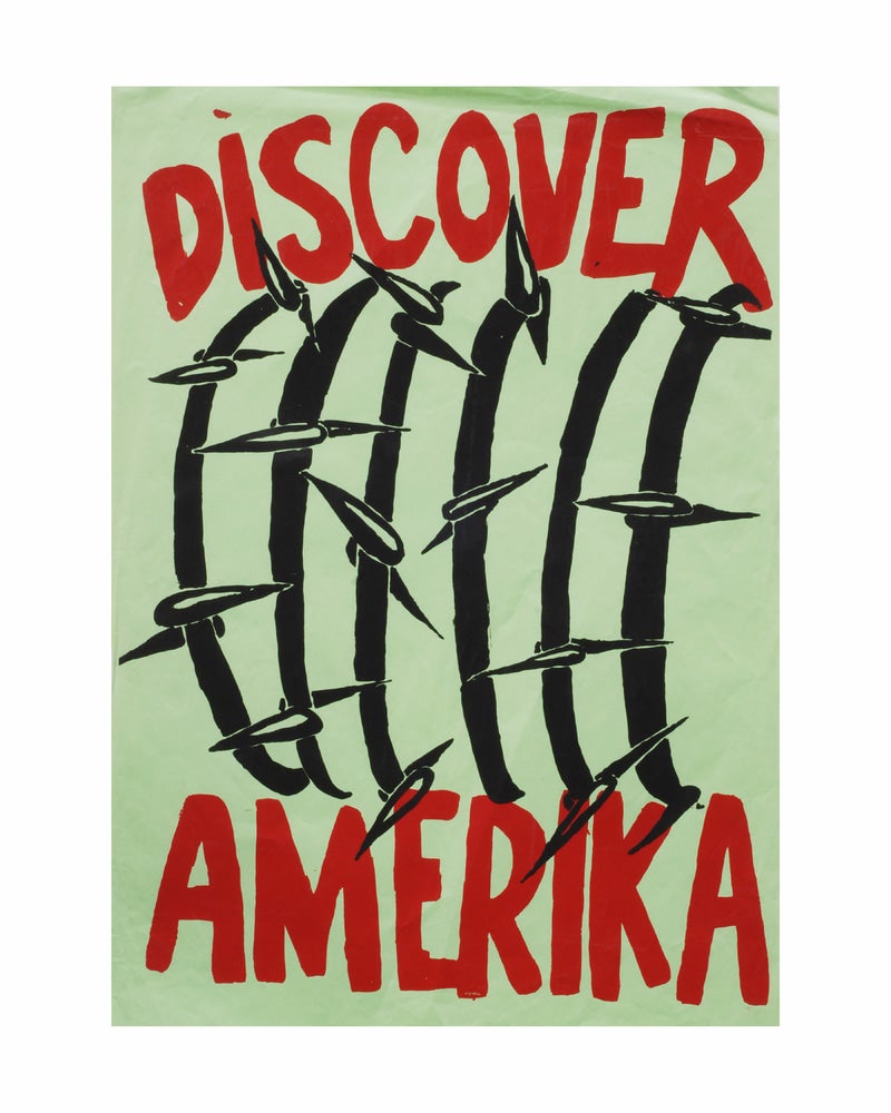 Black, barbed curved lines and the slogan Discover America in red. America is spelled with a k.