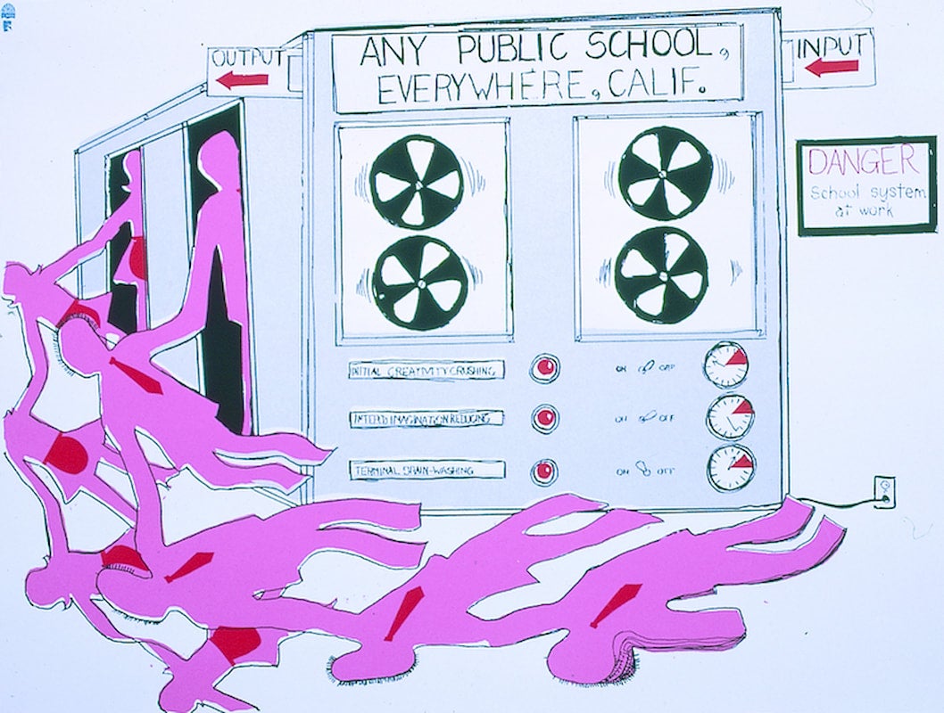 A machine labeled Any Public School Everywhere C A has fans, dials and sides labeled input and output. Purple paper cut-outs fall from the output.