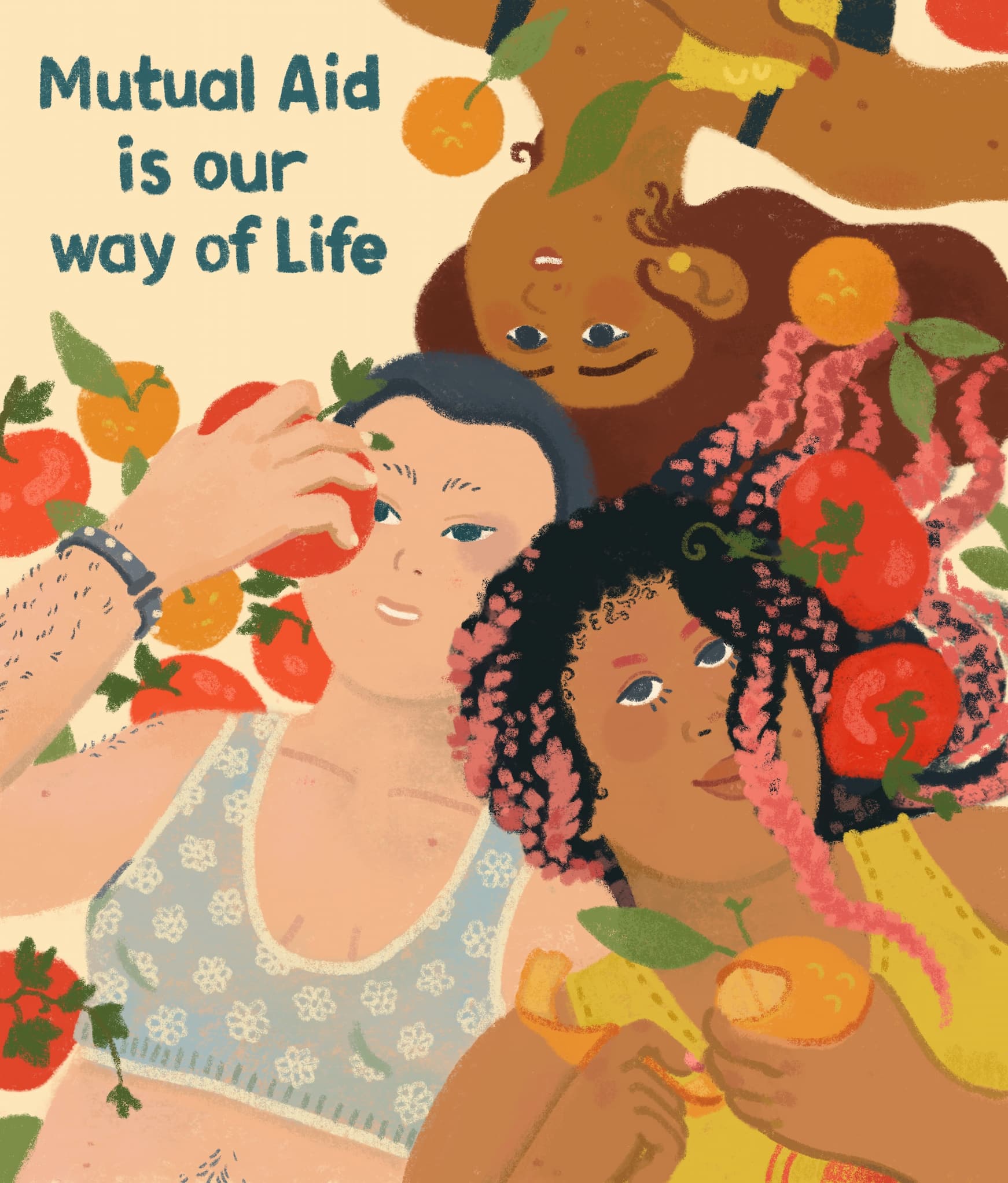 Three girls with different skin tones lay in a circle with their heads together and surrounded by apples and oranges.