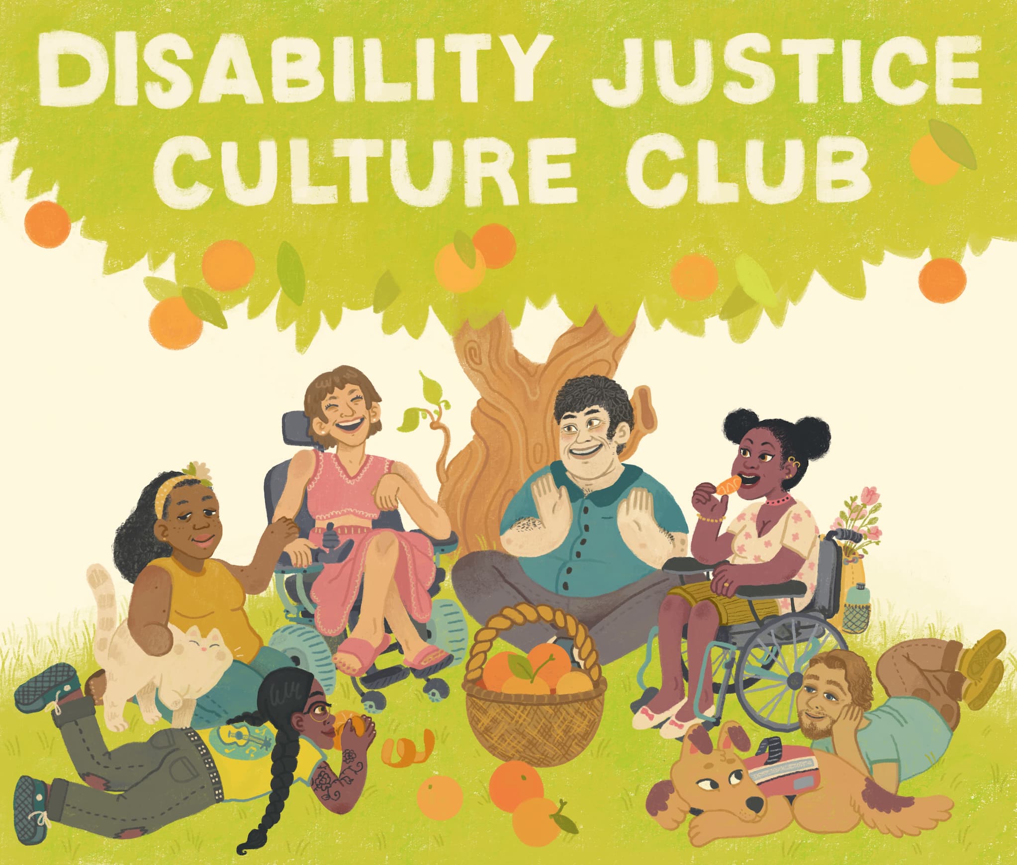A group of people, some in wheelchairs, sit below an orange tree with a basket of fruit and their pets.