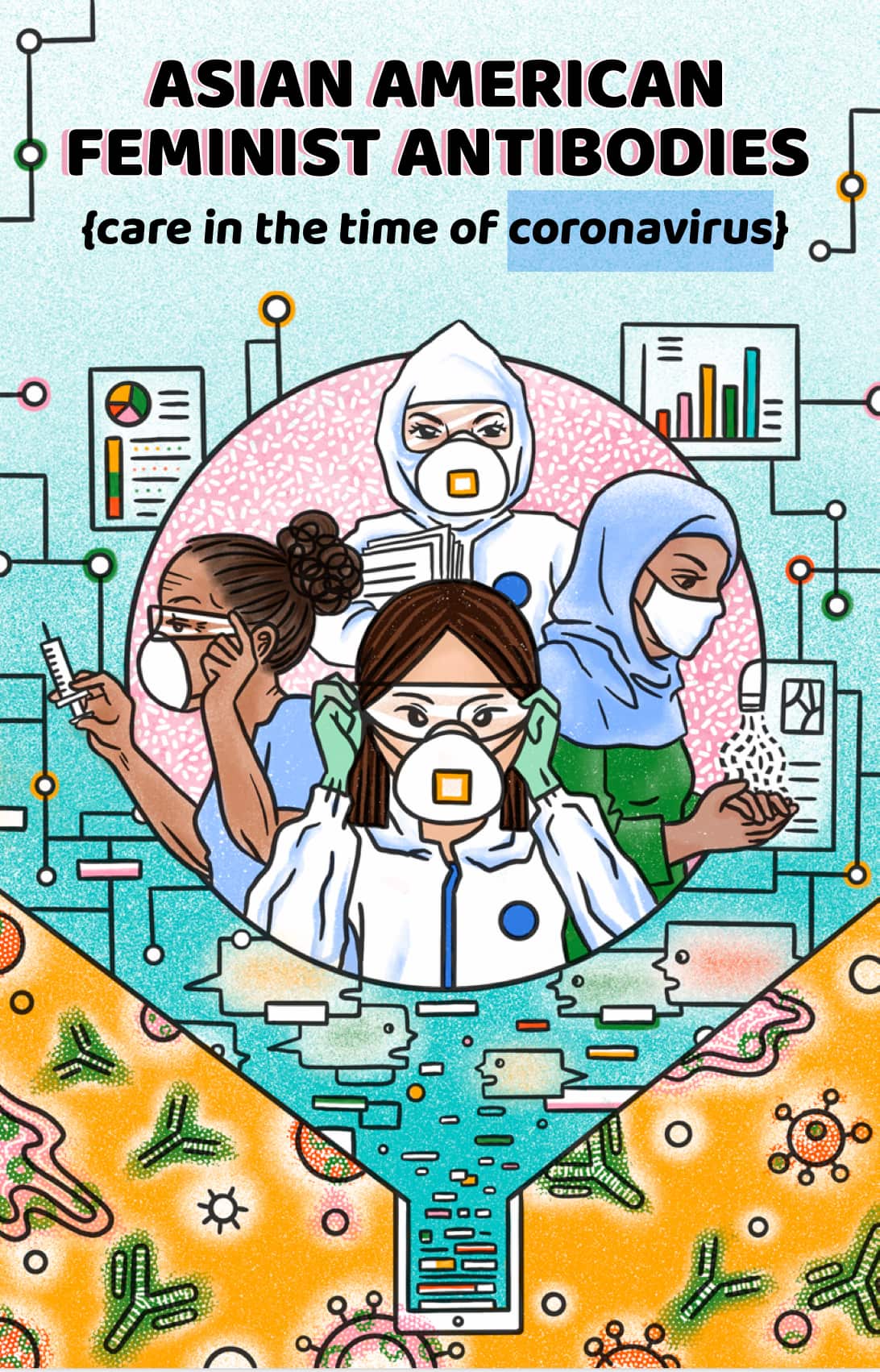 Four diverse female scientists wearing protective coverings are surrounded by charts and images of microorganisms.