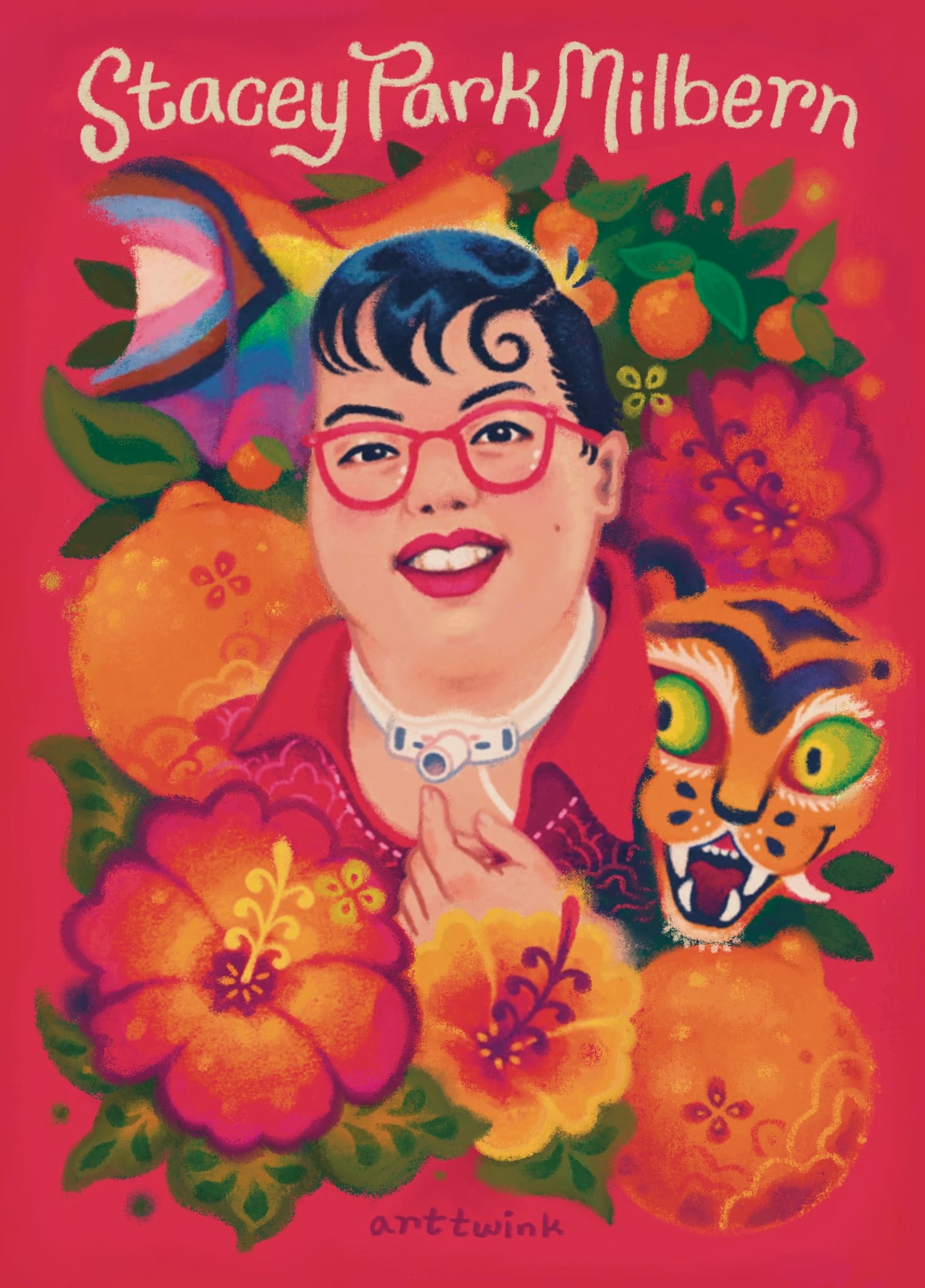 Reds and oranges dominate a drawing of a woman with a trach, a tiger, flowers and fruits.