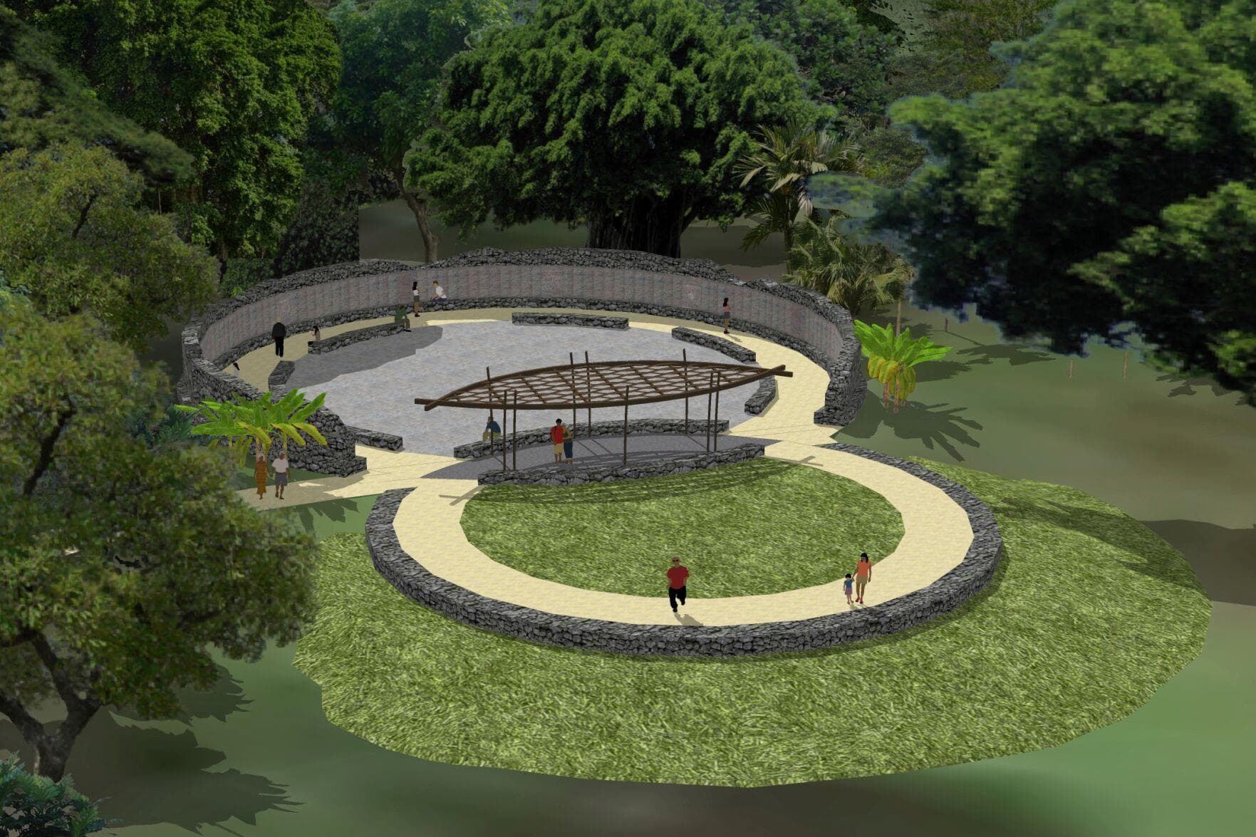 A memorial is shaped like figure 8. The bottom of the 8 has low benches facing a wall. There is a shaded area where the circles intersect.