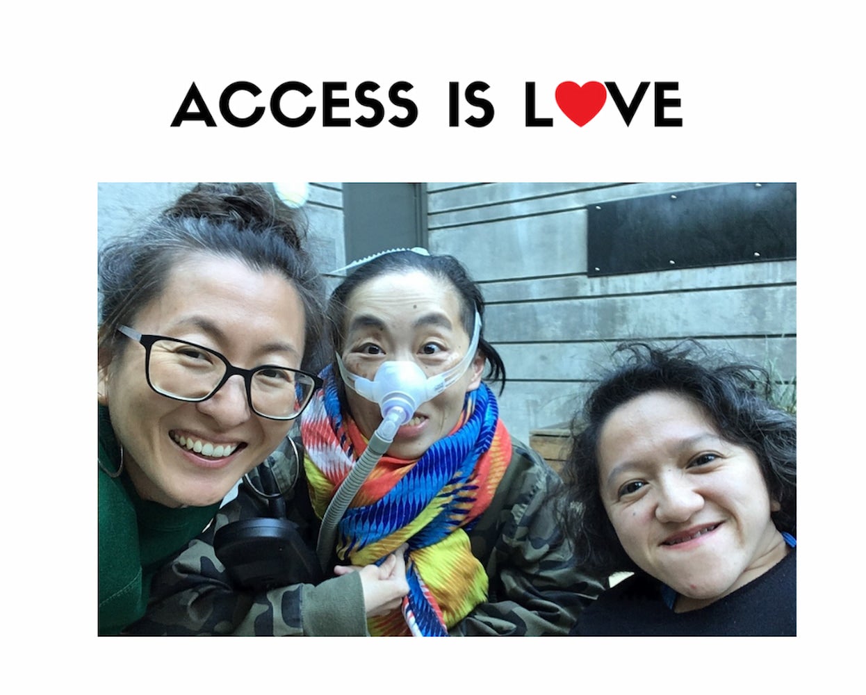 Asian Americans Mia Mingus with glasses on the left, Alice Wong with a Bi-Pap machine in the center, and Sandy Ho with wavy hair to the right smiles.
