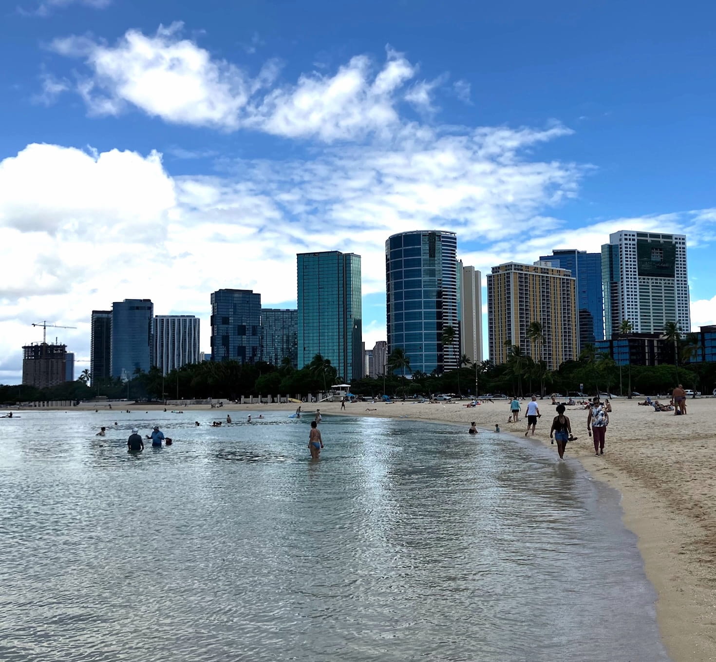 People swim, relax and stroll along the beach on a sunny day. High-rise condos loom in the background.