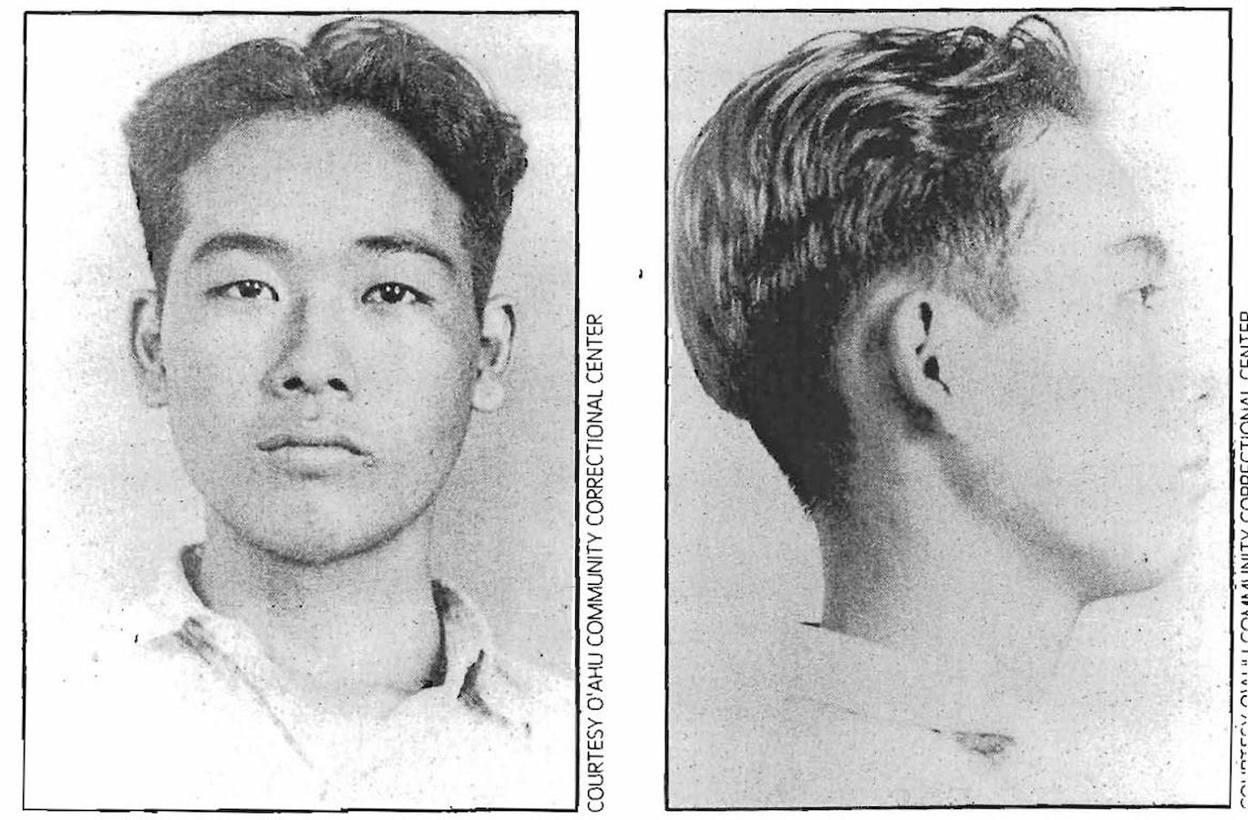 Mugshots showing the front and side profiles of Myles Fukunaga, a young man with a neatly faded haircut.