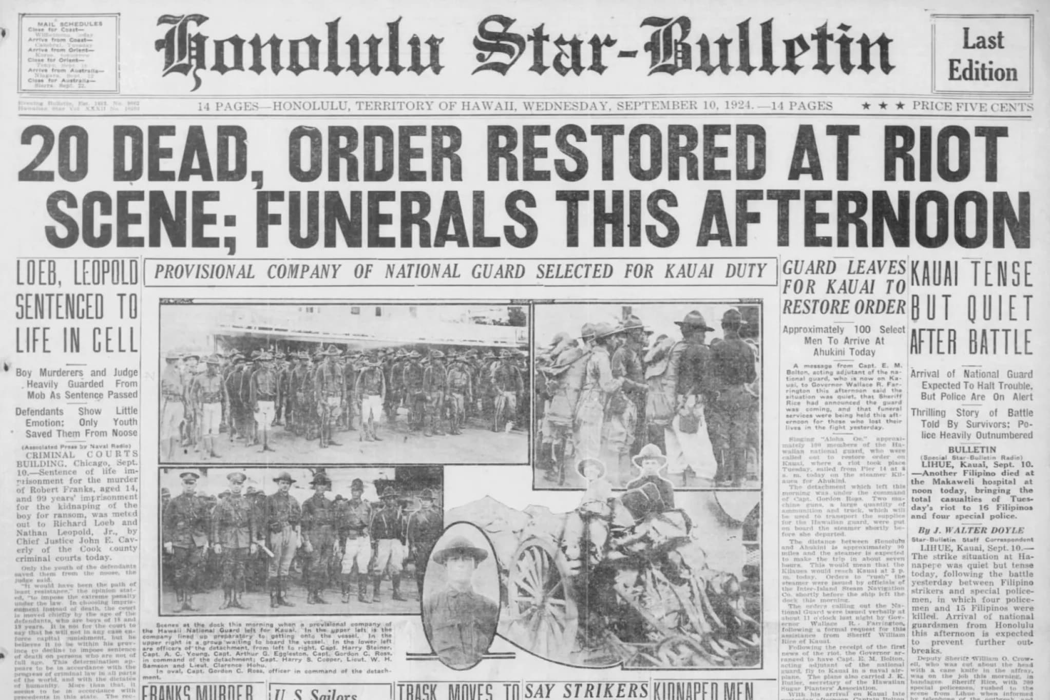 A headline declares that order is restored after a riot leaves 20 people dead.