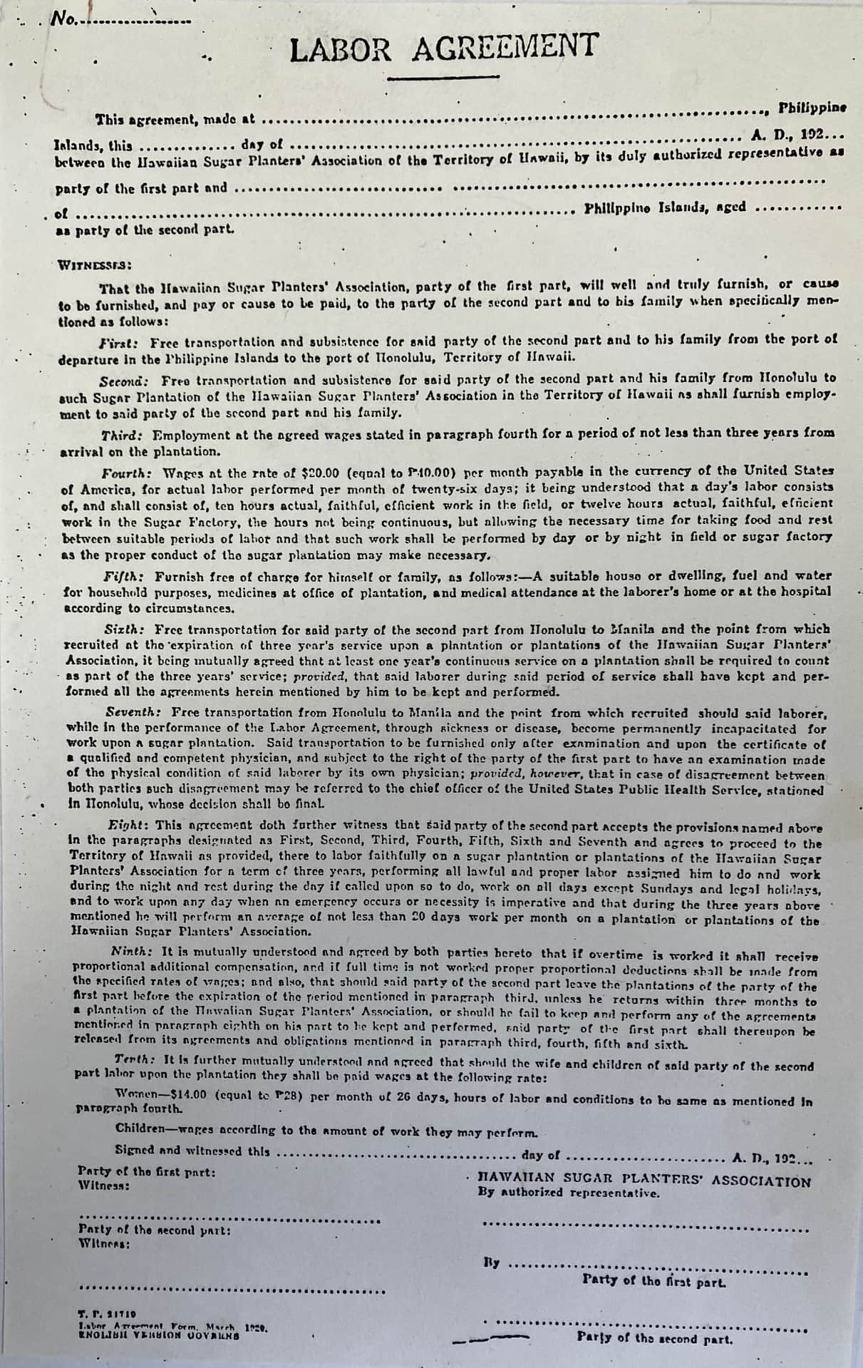 A labor agreement offers transportation, housing and wages. Rates are included for men, women, and children.