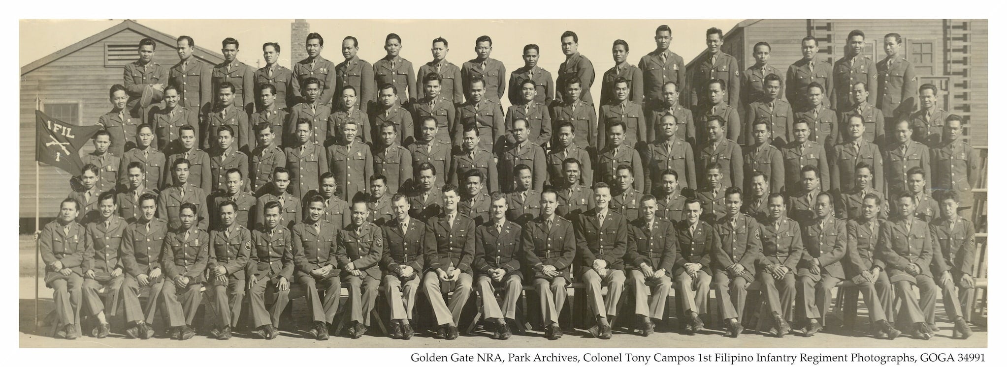 Panoramic photograph depicting Headquarters Company for 1st Filipino Infantry c1942.