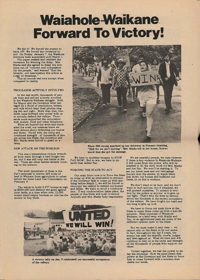 Two photos. A stream of people marching, and the woman in front holds a sign captioned win. A crowd gathered beneath a banner for United.