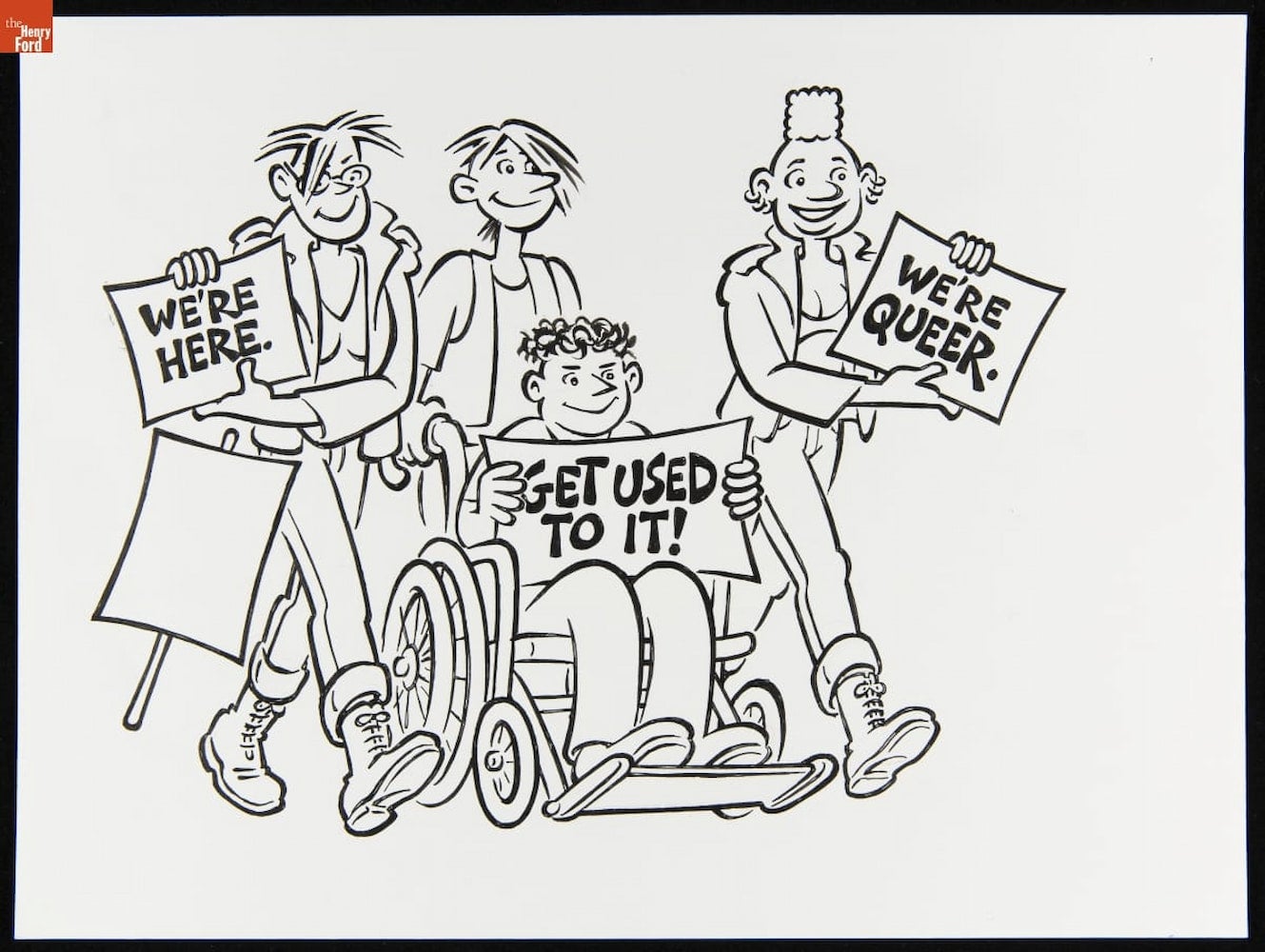 Hand-drawn sketch of queer protesters holding signs while walking with a person in a wheelchair.