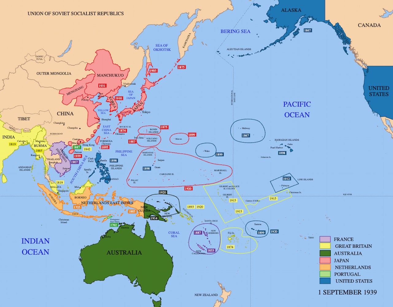 Colonies: Great Britain, India and Burma. French Indonesia. Australia, New Guinea. Netherlands East Indies. Japan, Manchukuo and coastal China.