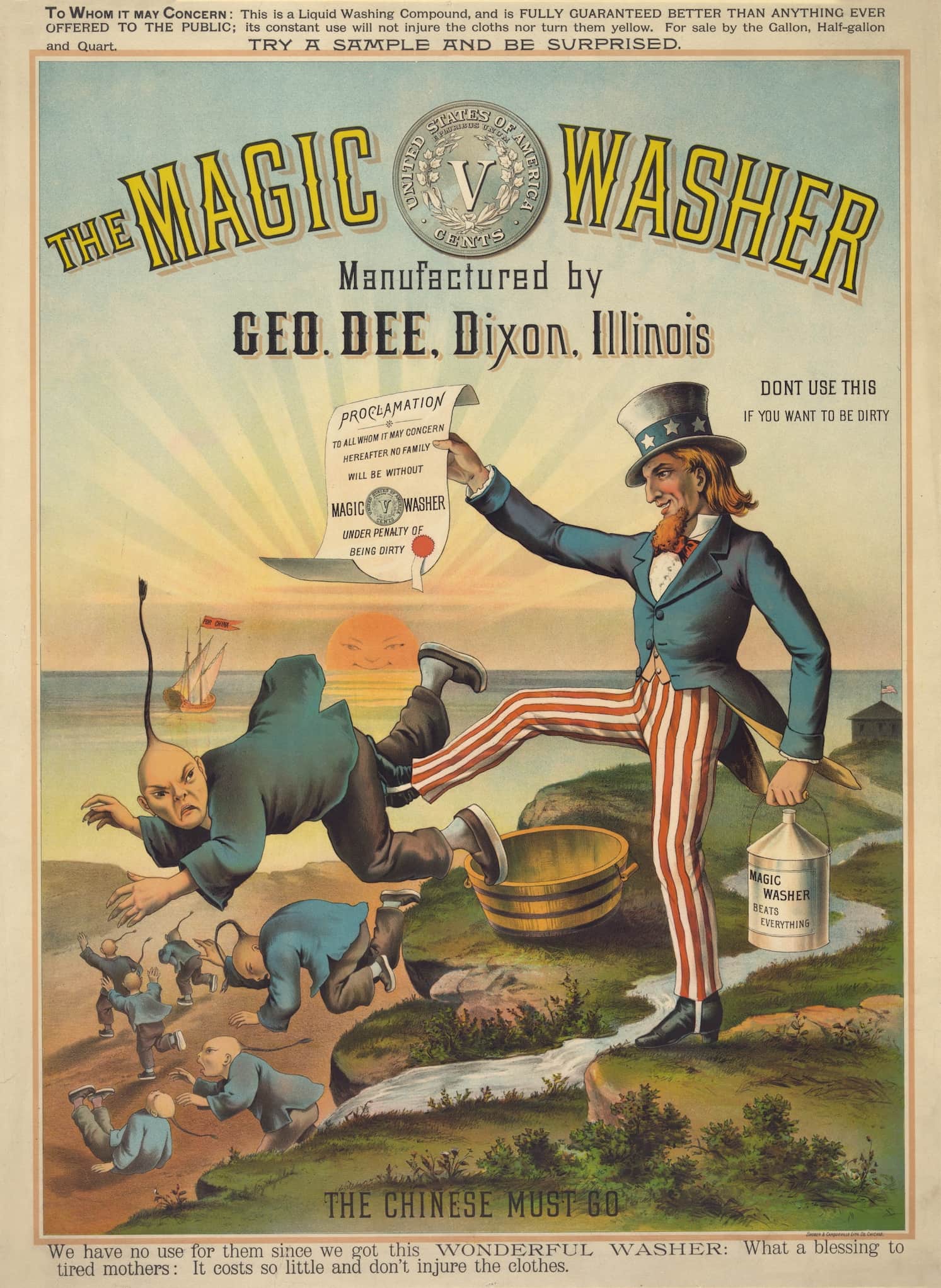 A detergent ad for The Magic Washer shows Uncle Sam holding a proclamation and kicking Asian men off a cliff to the sea.