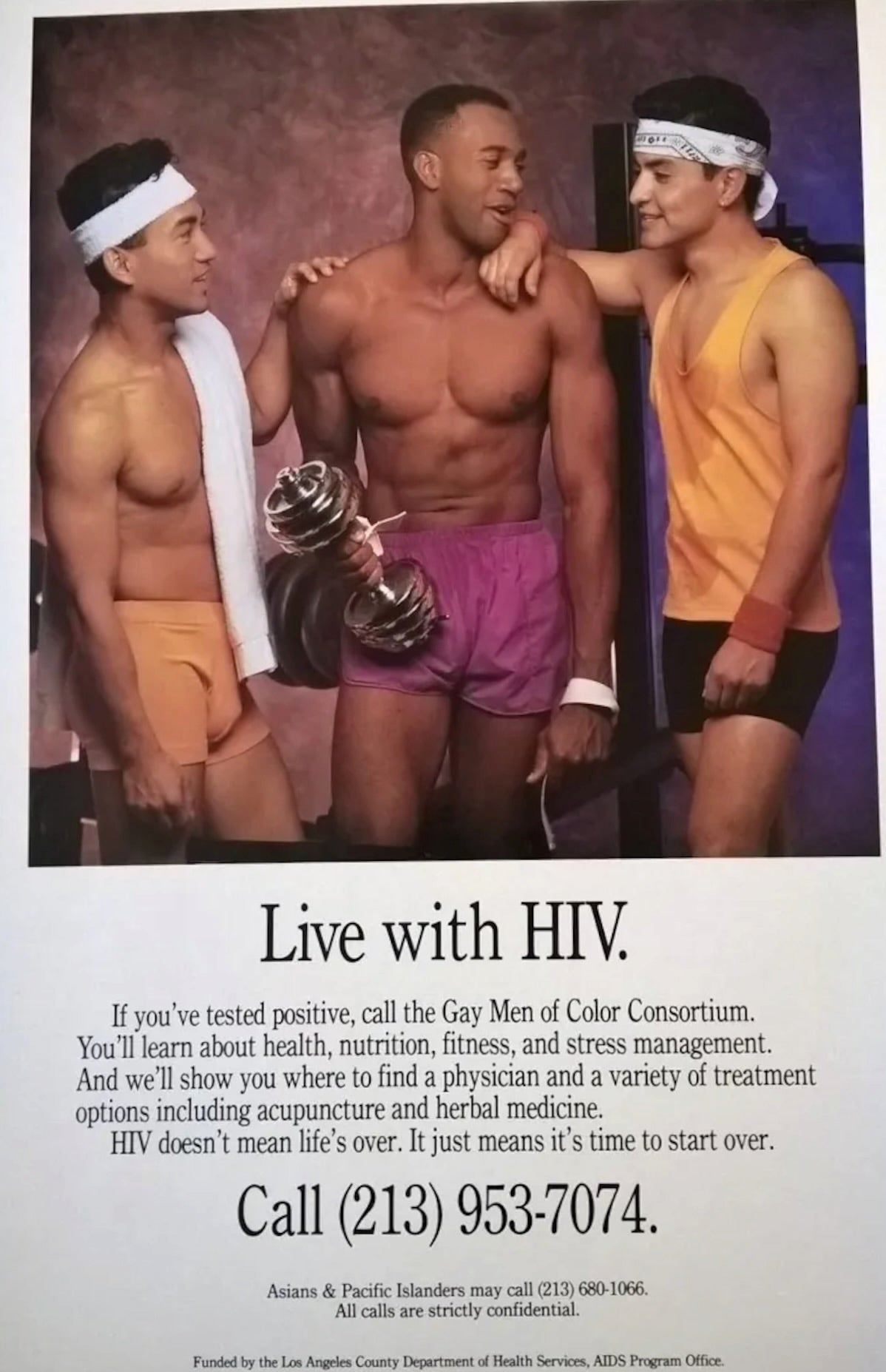 A HIV support poster shows a couple of Asian men resting their hands on the shoulders of a darker skinned man in a relaxed pose at a gym.