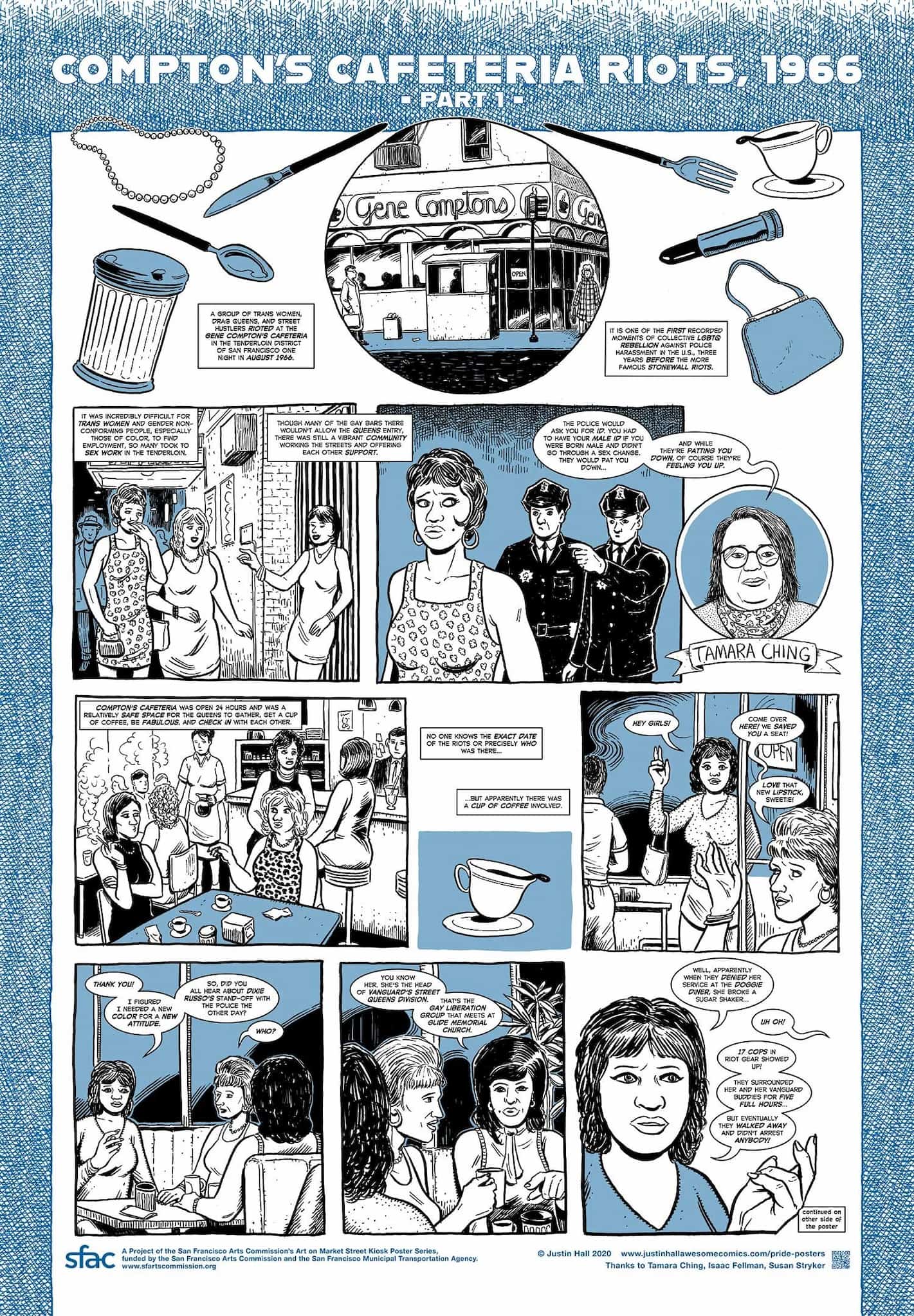 A comic depicting a woman walking away from two policemen, entering a diner, and sitting with friends.