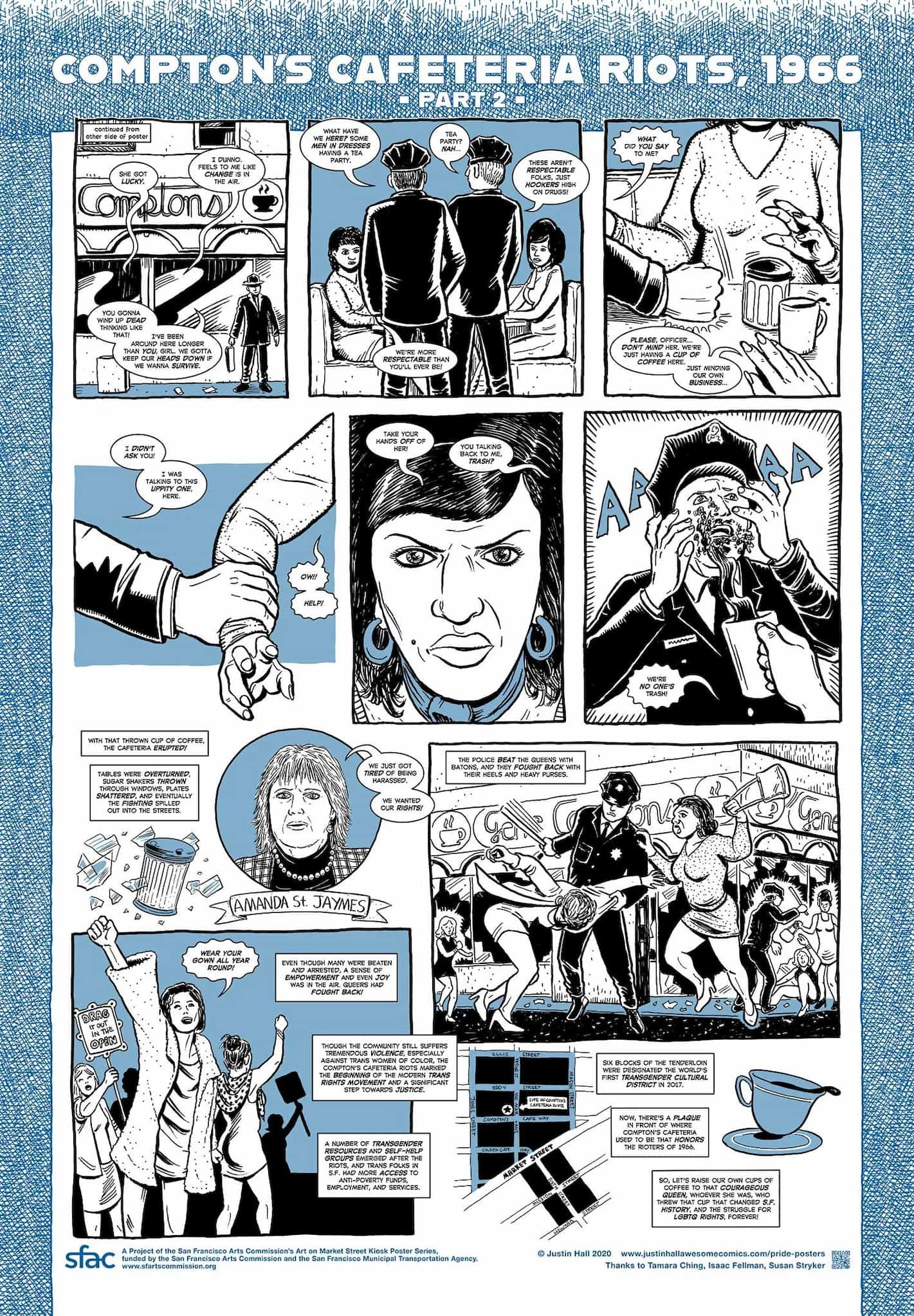 Part 2 shows the police acting hostilely at the table, one friend throws coffee at the police, mayhem ensues. The comic ends with a protest.