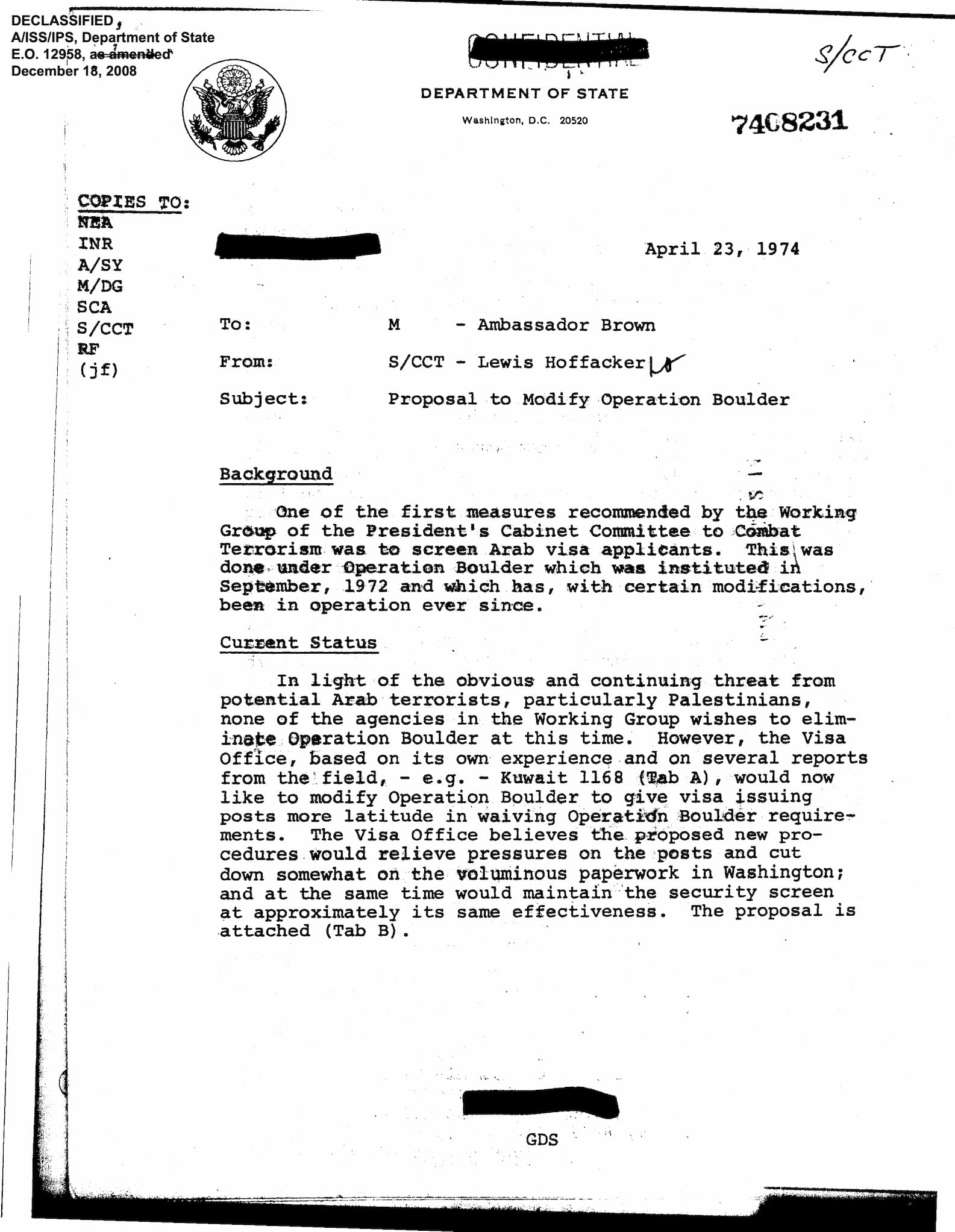 First page of declassified memo on Operation Boulder. Beneath State Department seal is type-written text on modifying the ongoing operation.