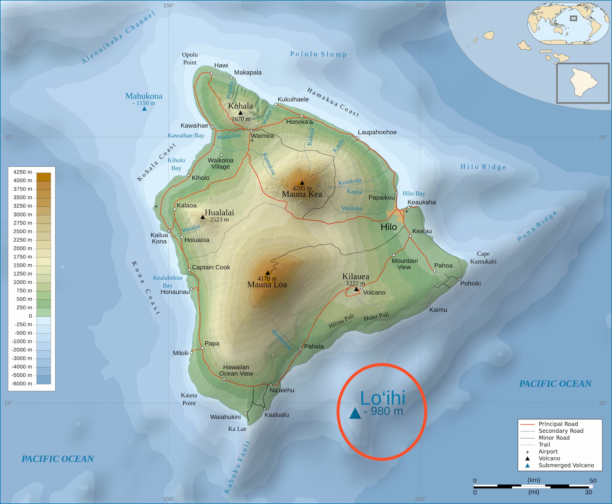 The land slopes towards sea level from two peaks in the center of the island at Mauna Loa and Mauna Kea. Lo’ihi is off the southeast coast.