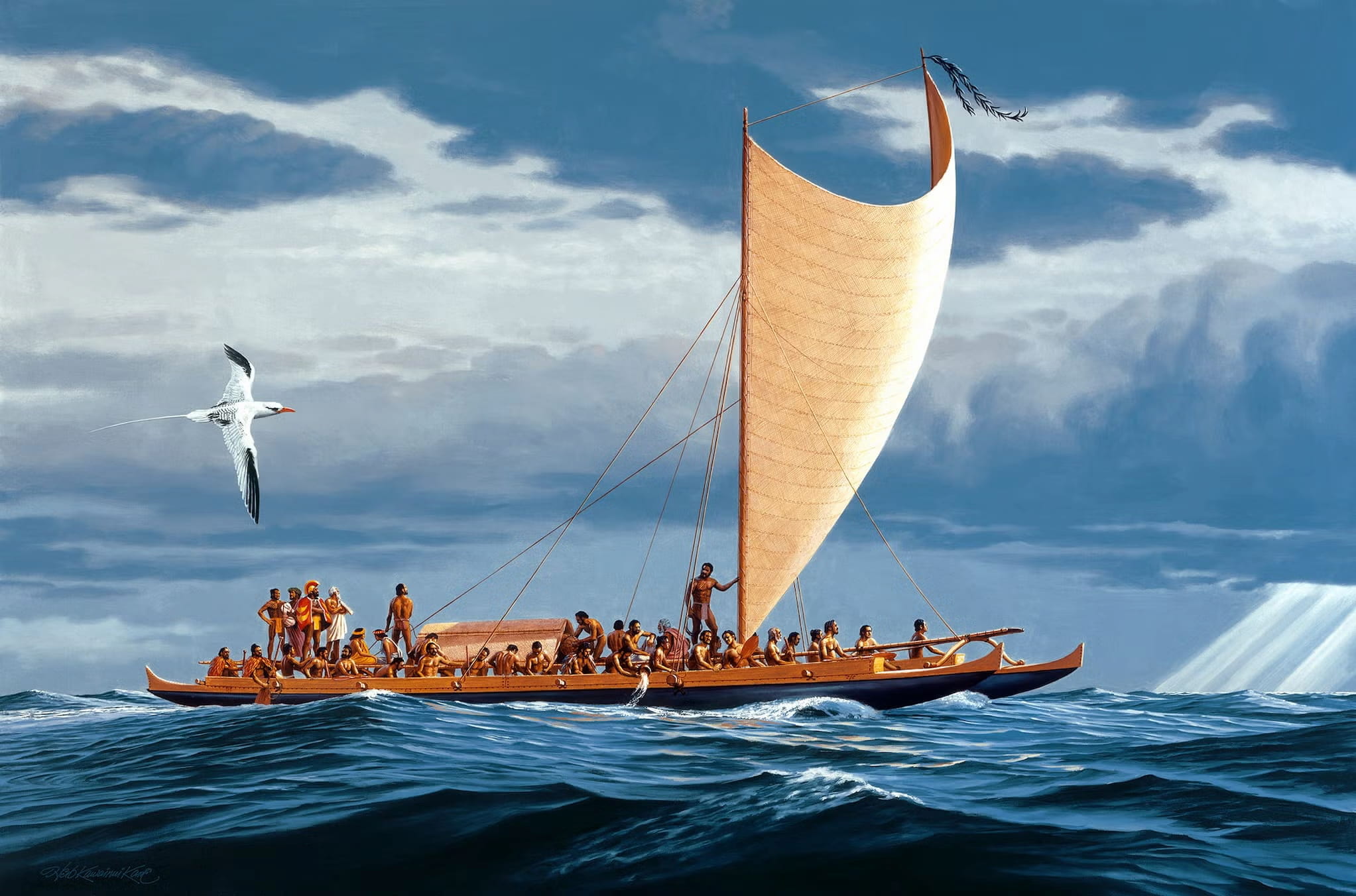 A painting depicts Kānaka ʻŌiwi sailing a waʻa kaulua, a double-hulled canoe, in the ocean under a cloudy sky. A seagull flies above the wa'a kaulua.