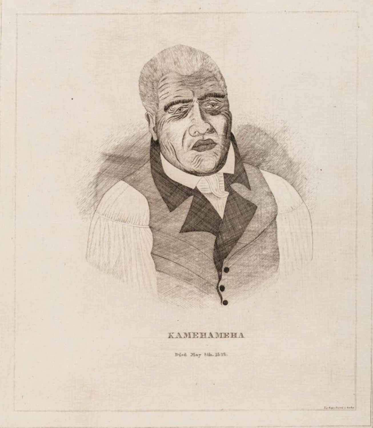 Sepia tones portray an elderly Kamehameha with an exhausted expression. He wears a standing collar vest and cravat over a high-necked shirt.