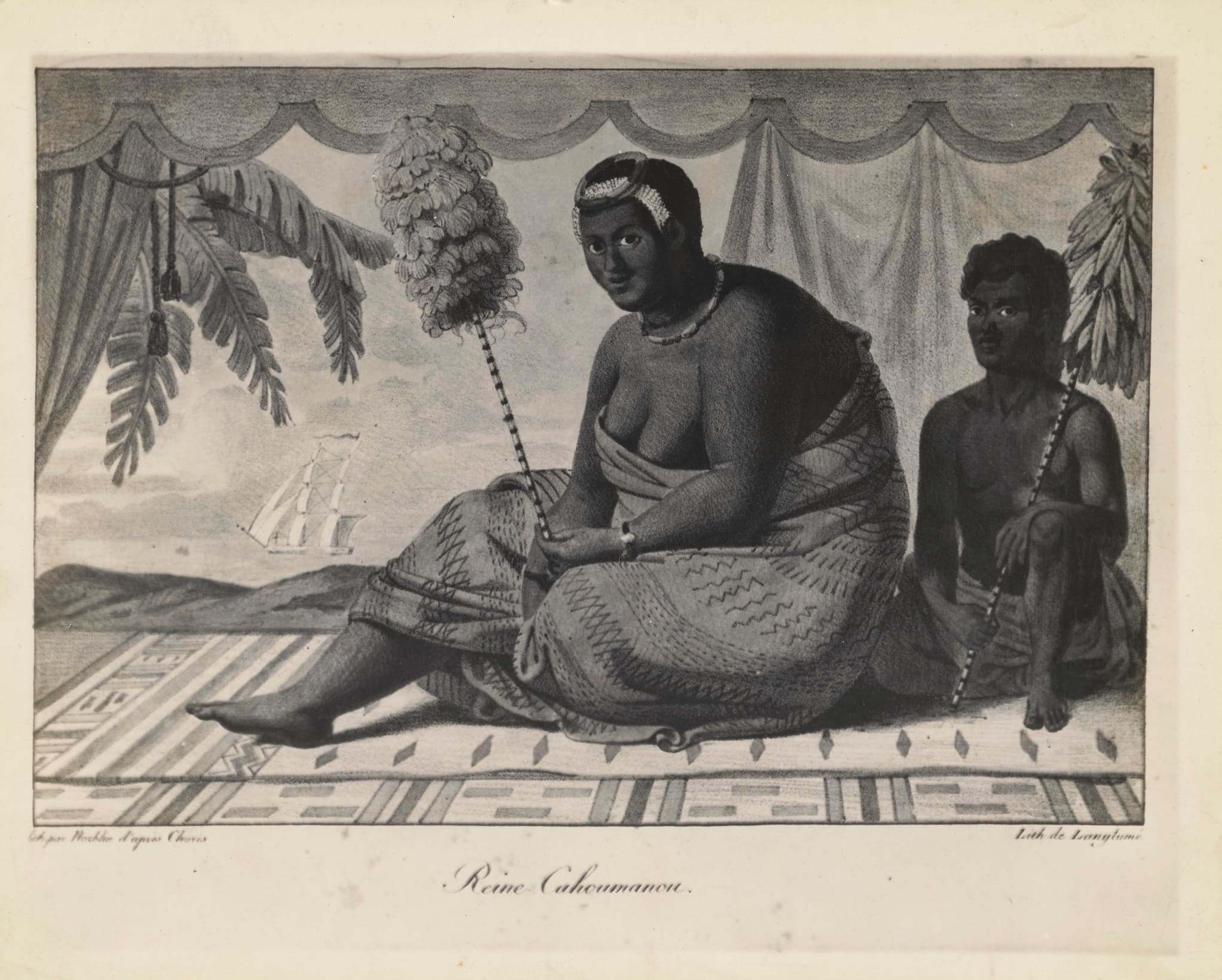 Ka’ahumanu sits in a tent holding a kahili, a pole with a cluster of feathers. A smaller male sits behind her. A British ship is visible in the sea.