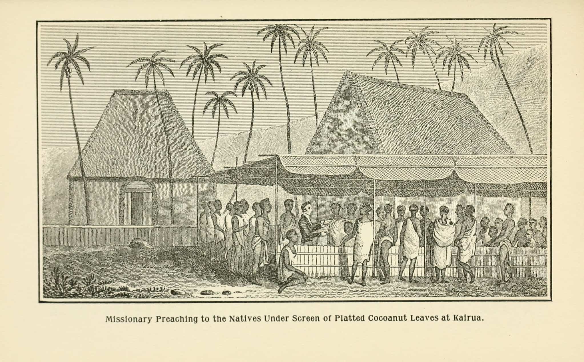 A white man in a suit preaches to a crowd dressed in kihei. Two thatched houses and palm trees fill the background.