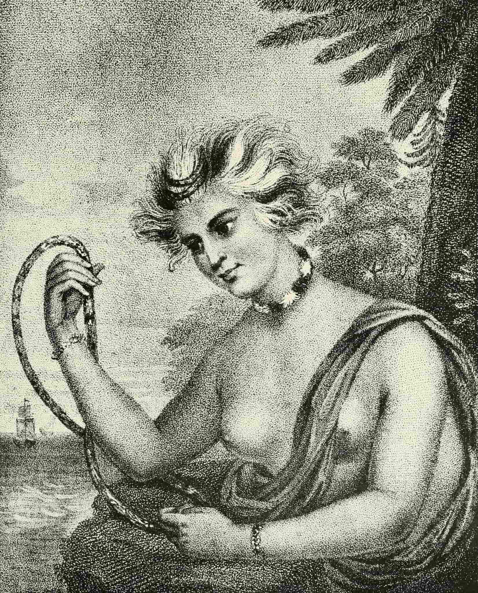 A bare-breasted woman with wild white and black hair loops a cord through her hand. Two ships are visible in the distance behind her.