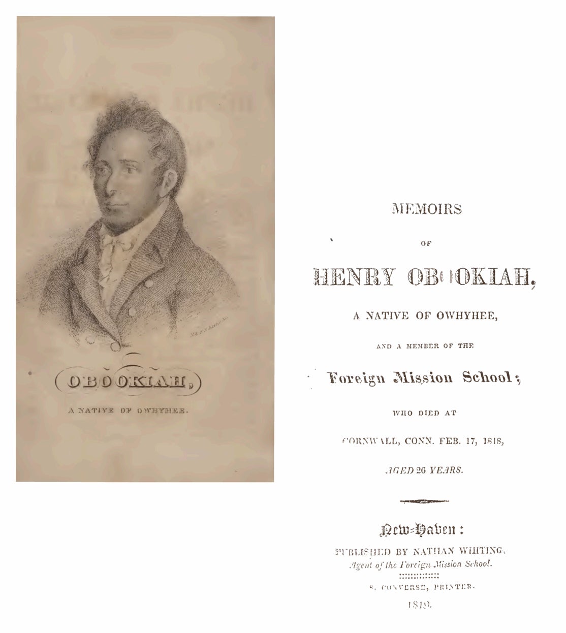 Sepia book cover portrays Obookiah in a high-necked shirt and a jacket.