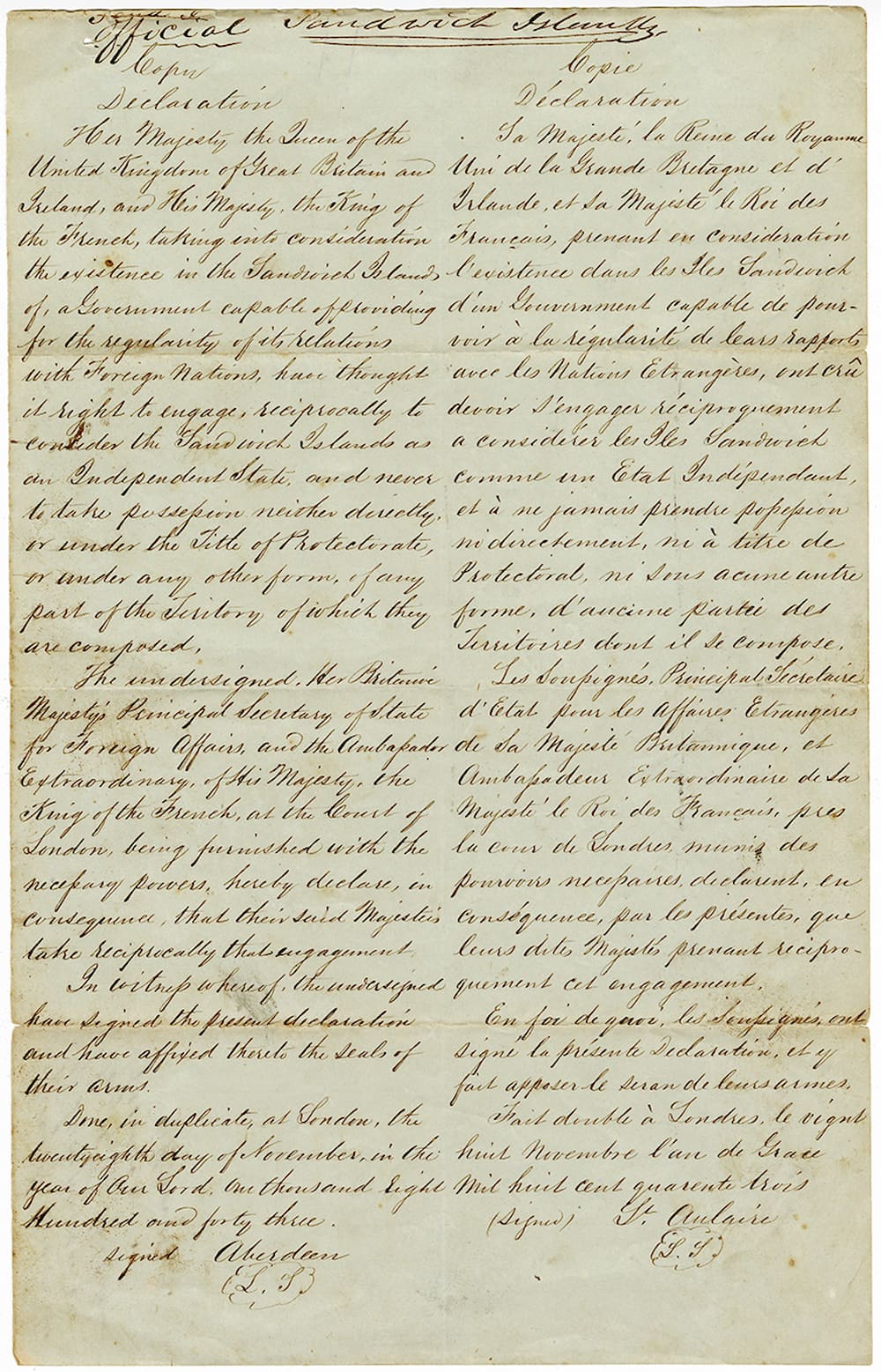 The declaration is handwritten in cursive in two columns and initialed at the bottom of each column.