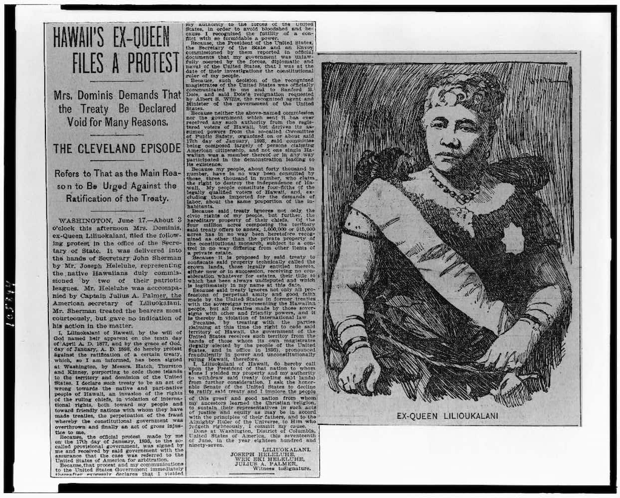 Newspaper headline proclaims Hawaii’s Ex-Queen Files a Protest. An accompanying picture shows the queen in her regalia.