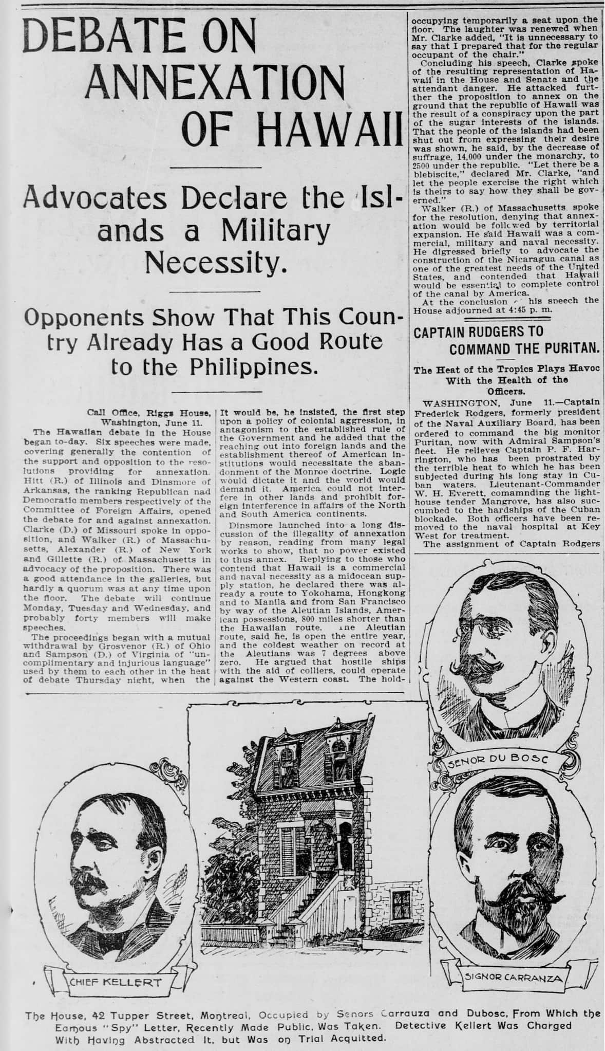 The headlines categorize the debate of Hawaiian annexation as a military necessity versus an existing route to the Philippines.