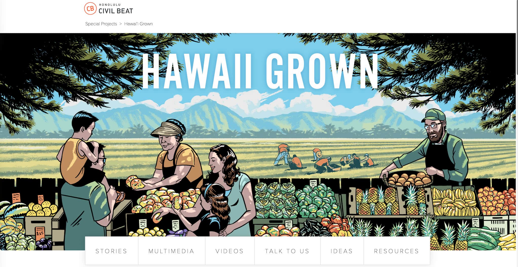 A farmer’s stand with a family selecting from a large variety of fresh produce. People picking from a field are in the background.